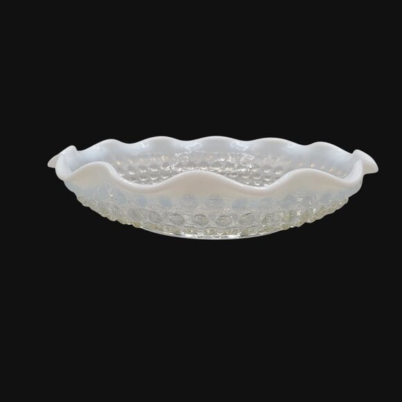 1940s Anchor Hocking Moonstone Hobnail Glass Bowl Ruffled Edge 8 Inch - Picture 3 of 7